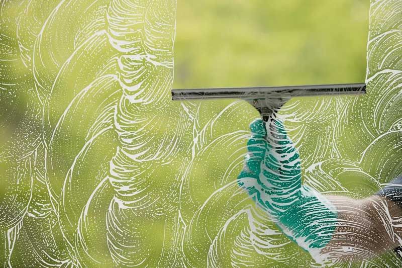 Gloved Hand Using a Squeegee to Clean Soapy Patterns from a Glass Window
