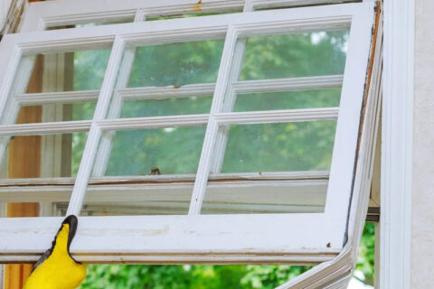 Gloved hands removing an old wooden window frame from a house opening.