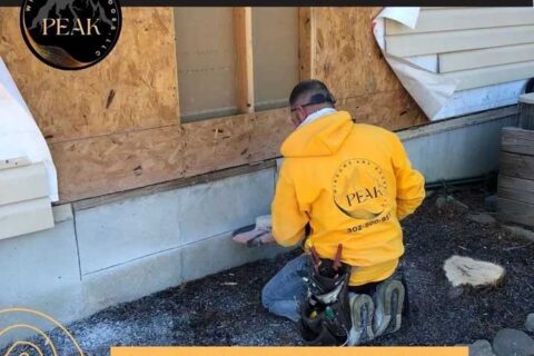 Worker in a yellow hoodie performing exterior wall repair on a house, with construction materials and tools nearby.