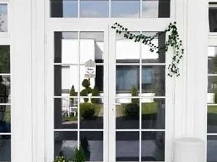 White French doors with grid-style glass panes, decorated with small potted plants and a trailing vine.