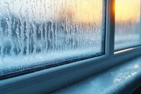 Close-up of a window covered in frost and condensation at sunrise.