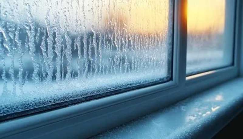 Close-up of a window covered in frost and condensation at sunrise.