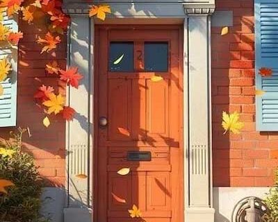 Front door surrounded by autumn leaves on a brick house with blue shutters.