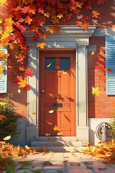 Front door surrounded by autumn leaves on a brick house with blue shutters.