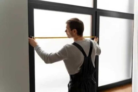 Person measuring the width of a large window frame using a tape measure.