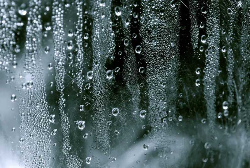 Close-up of a window covered in condensation and water droplets.