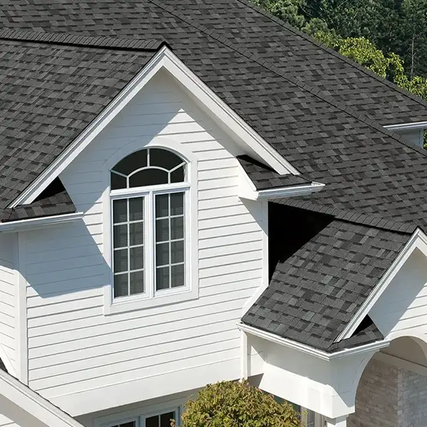 white exterior home with dark asphalt roofing