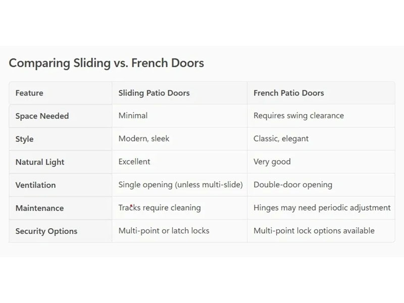Sliding vs French door comparison table